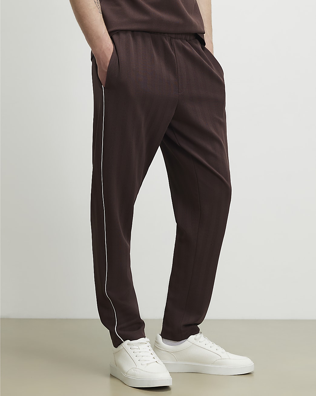 Slim Fit Piped Textured Joggers in Brown - Image 4 Slim Fit Piped Textured Joggers in Brown