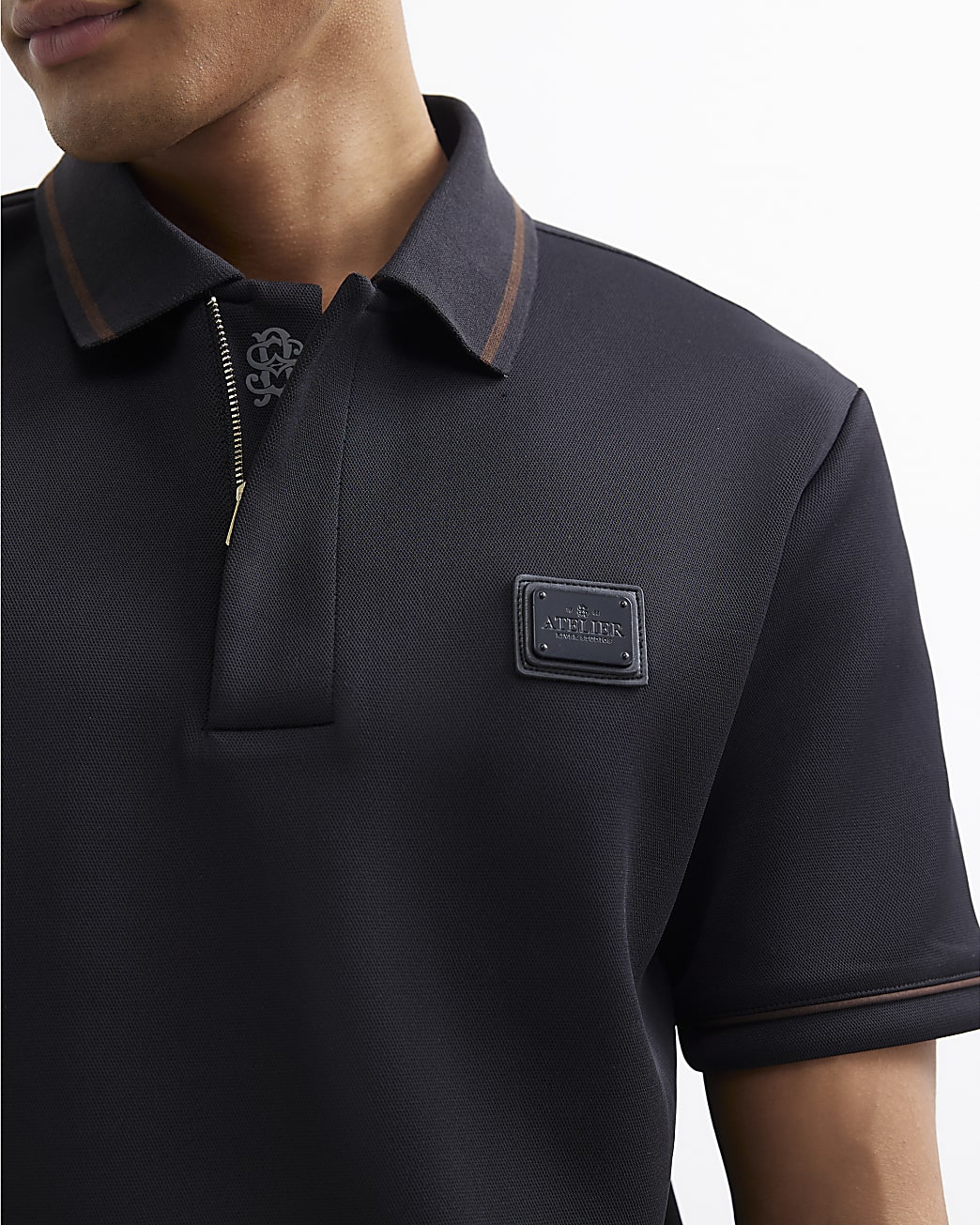 Slim Fit Pique Badge Polo Shirt in Black - Image 3 Slim Fit Pique Badge Polo Shirt in Black