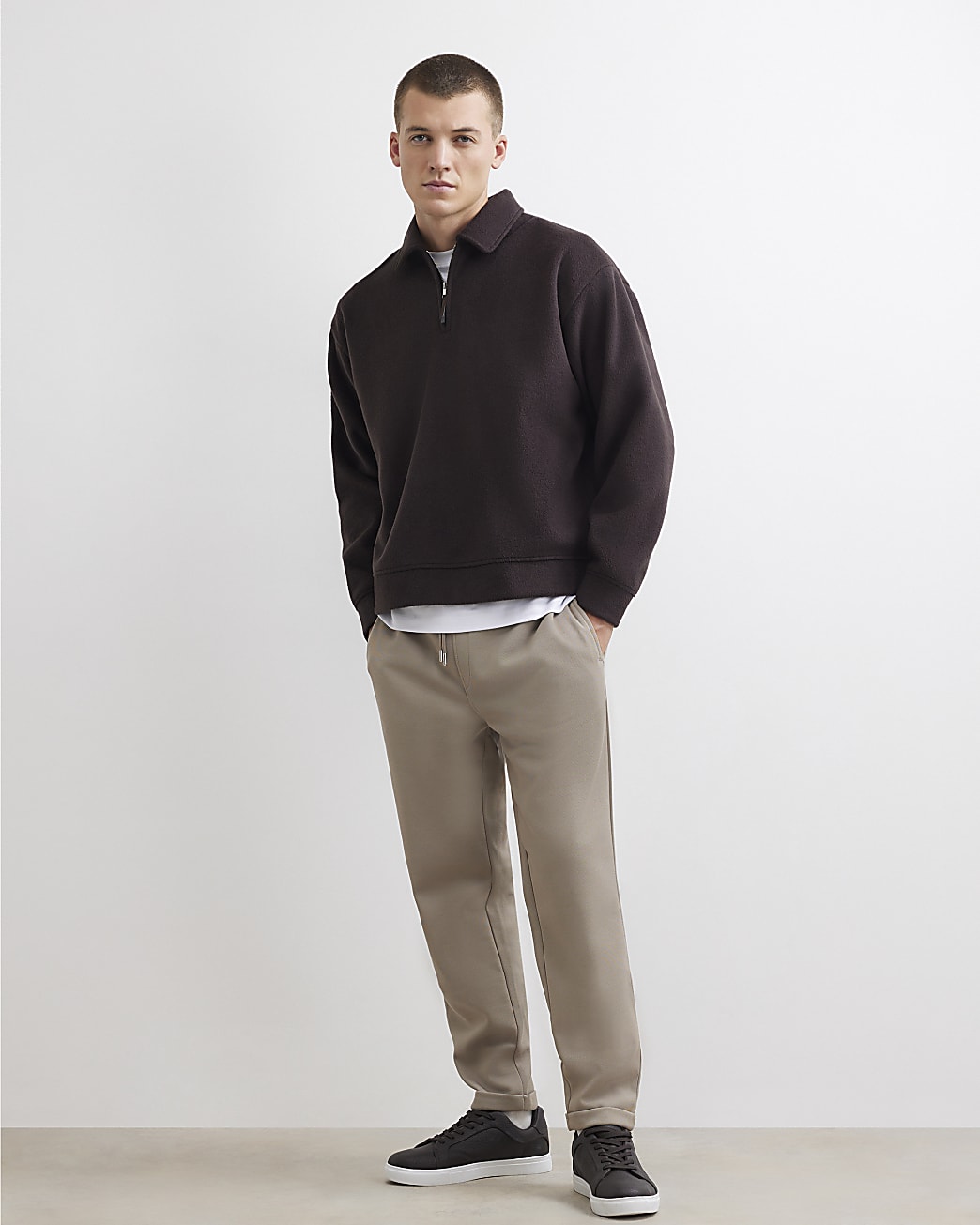 Slim Fit Pique Turnup Hem Joggers in Beige - Image 2 Slim Fit Pique Turnup Hem Joggers in Beige