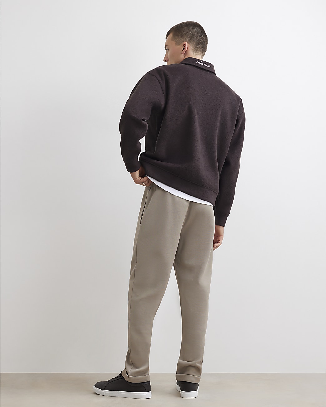 Slim Fit Pique Turnup Hem Joggers in Beige - Image 3 Slim Fit Pique Turnup Hem Joggers in Beige