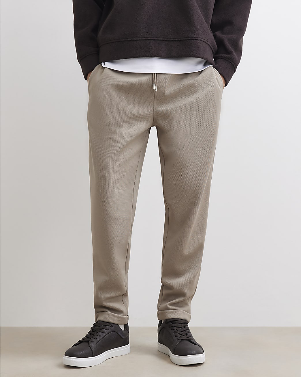 Slim Fit Pique Turnup Hem Joggers in Beige - Image 4 Slim Fit Pique Turnup Hem Joggers in Beige