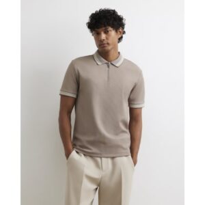 Slim Fit Zip Neck Waffle Polo Shirt in Beige