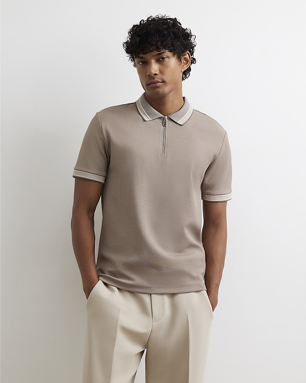 Slim Fit Zip Neck Waffle Polo Shirt in Beige - Image 2 Slim Fit Zip Neck Waffle Polo Shirt in Beige