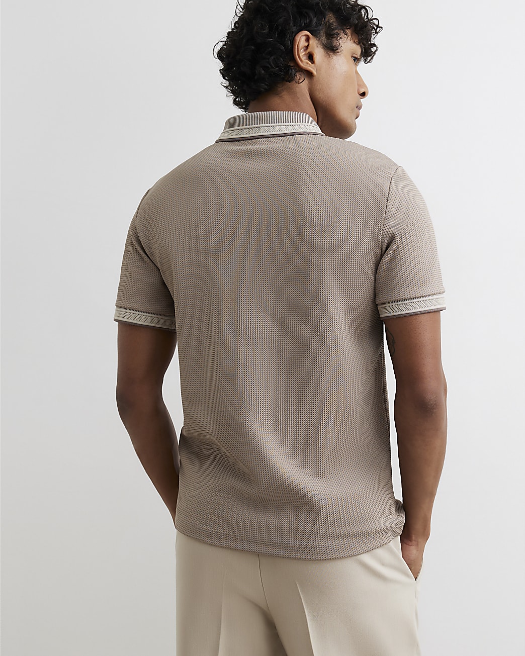 Slim Fit Zip Neck Waffle Polo Shirt in Beige - Image 3 Slim Fit Zip Neck Waffle Polo Shirt in Beige
