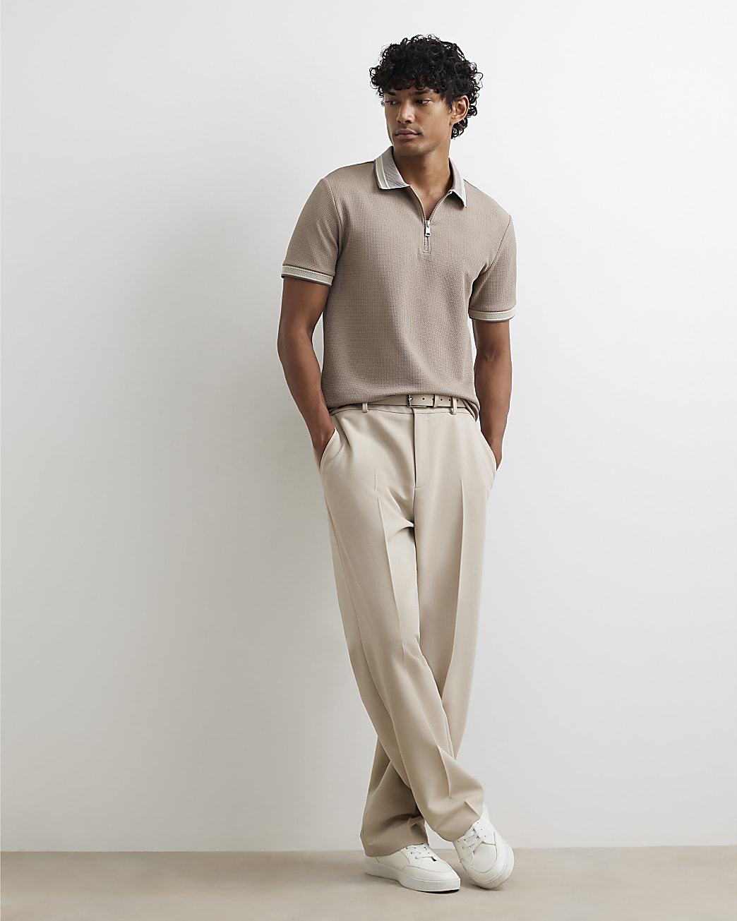 Slim Fit Zip Neck Waffle Polo Shirt in Beige - Image 4 Slim Fit Zip Neck Waffle Polo Shirt in Beige