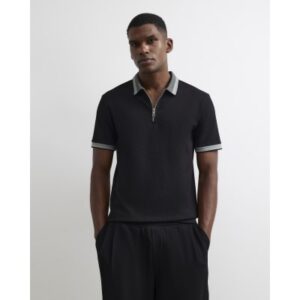 Slim Fit Zip Neck Waffle Polo Shirt in Black