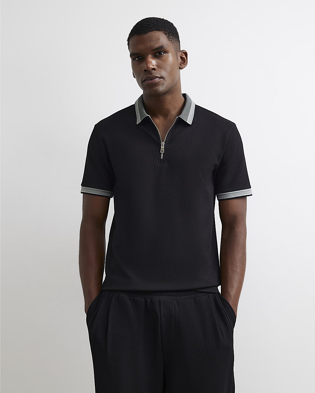 Slim Fit Zip Neck Waffle Polo Shirt in Black - Image 2 Slim Fit Zip Neck Waffle Polo Shirt in Black