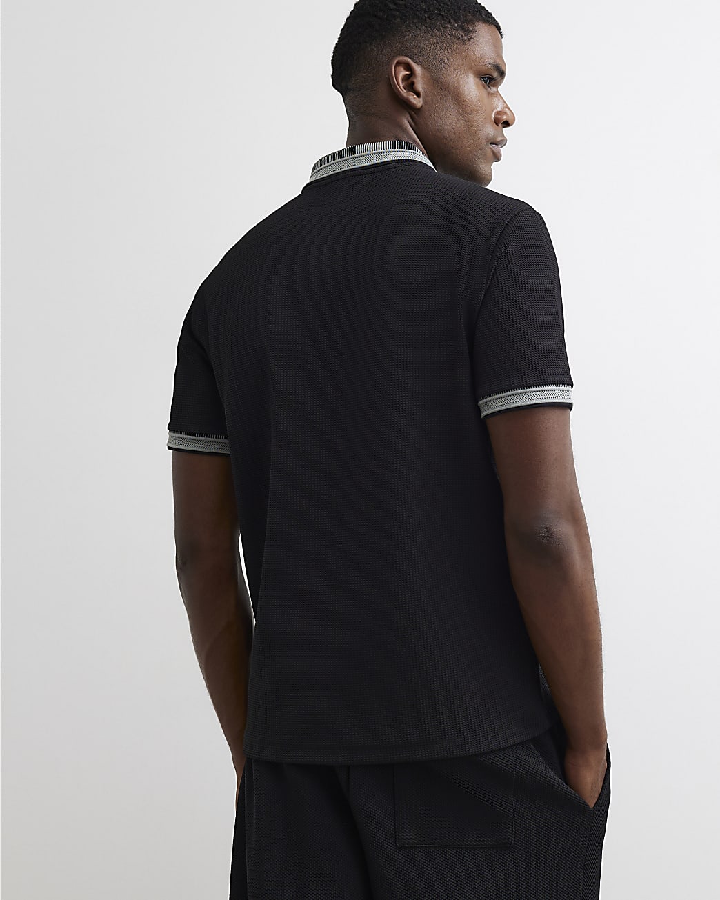Slim Fit Zip Neck Waffle Polo Shirt in Black - Image 3 Slim Fit Zip Neck Waffle Polo Shirt in Black