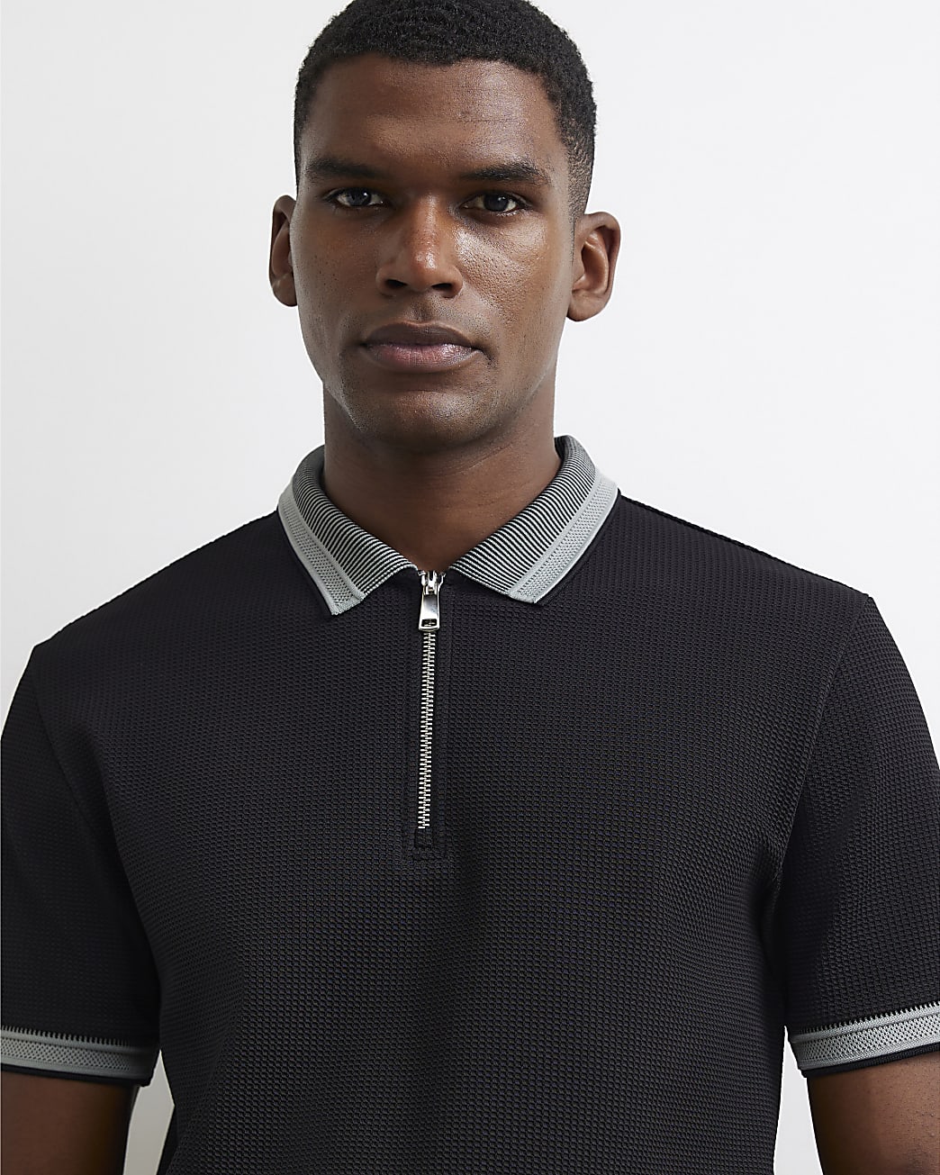 Slim Fit Zip Neck Waffle Polo Shirt in Black - Image 4 Slim Fit Zip Neck Waffle Polo Shirt in Black