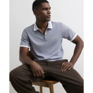 Slim Fit Zip Neck Waffle Polo Shirt in Blue