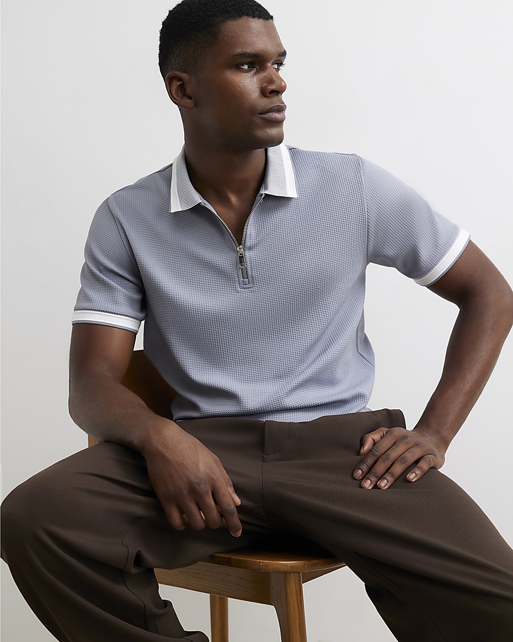 Slim Fit Zip Neck Waffle Polo Shirt in Blue - Image 2 Slim Fit Zip Neck Waffle Polo Shirt in Blue