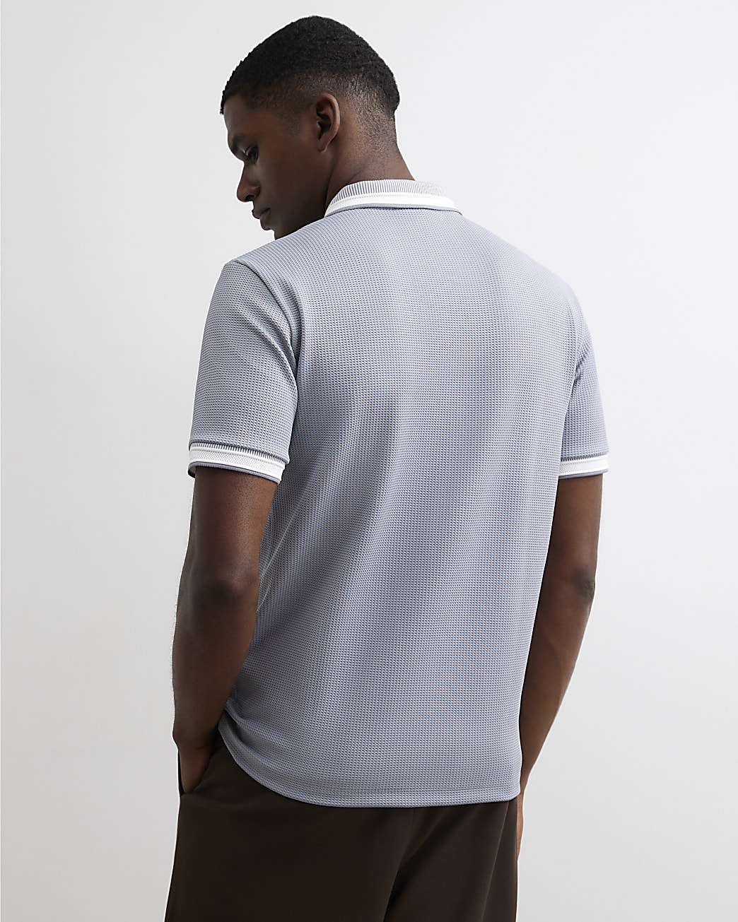 Slim Fit Zip Neck Waffle Polo Shirt in Blue - Image 3 Slim Fit Zip Neck Waffle Polo Shirt in Blue