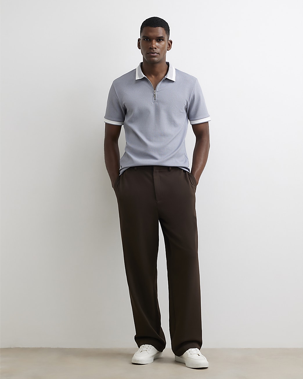 Slim Fit Zip Neck Waffle Polo Shirt in Blue - Image 4 Slim Fit Zip Neck Waffle Polo Shirt in Blue