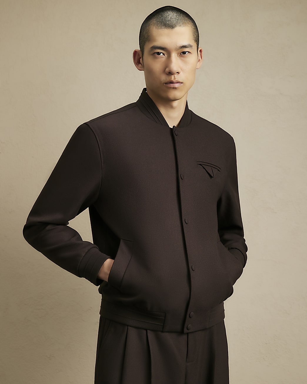 Smart Twill Bomber Jacket in Brown - Image 2 Smart Twill Bomber Jacket in Brown