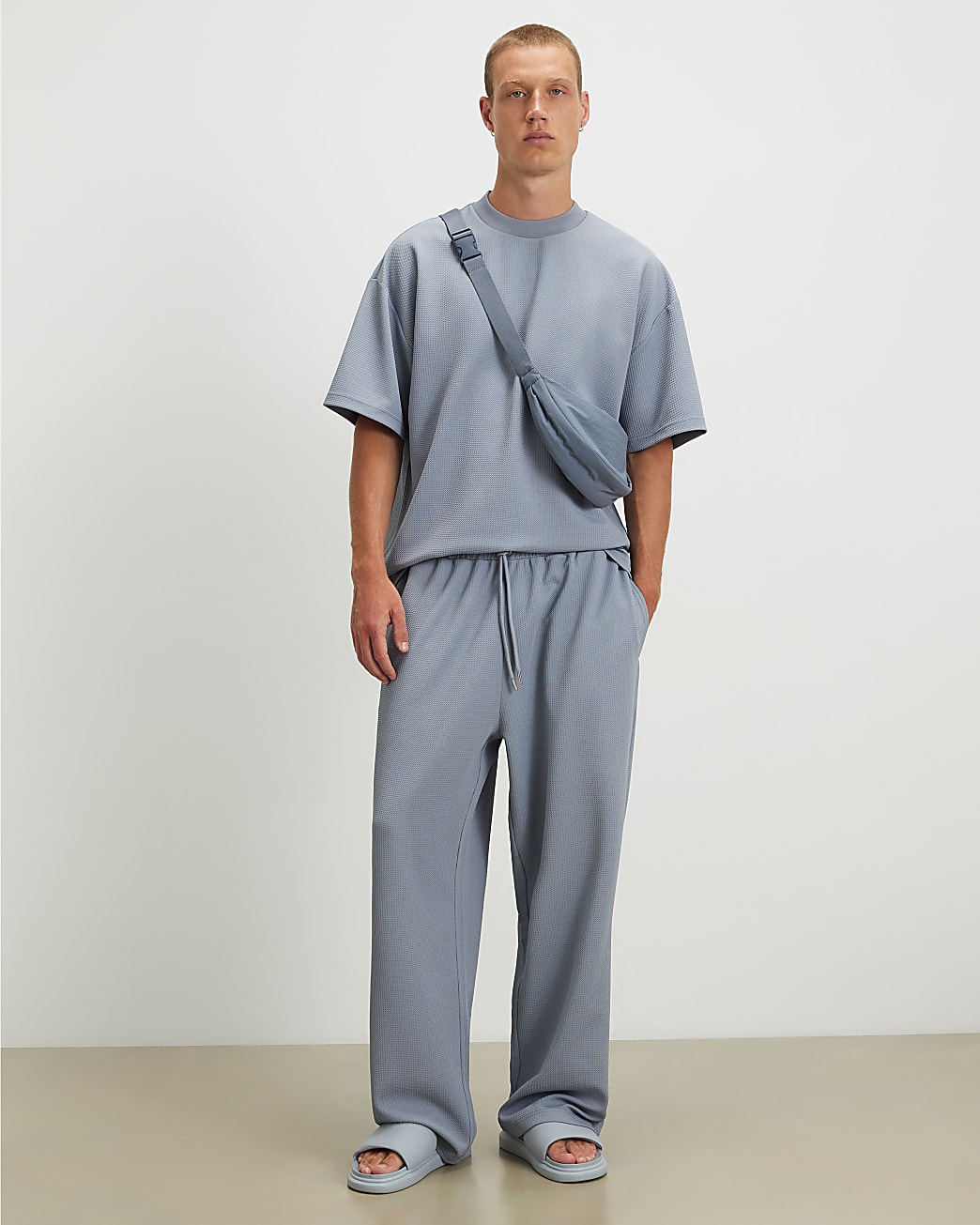 Waffle Textured Wide Leg Joggers in Blue - Image 2 Waffle Textured Wide Leg Joggers in Blue
