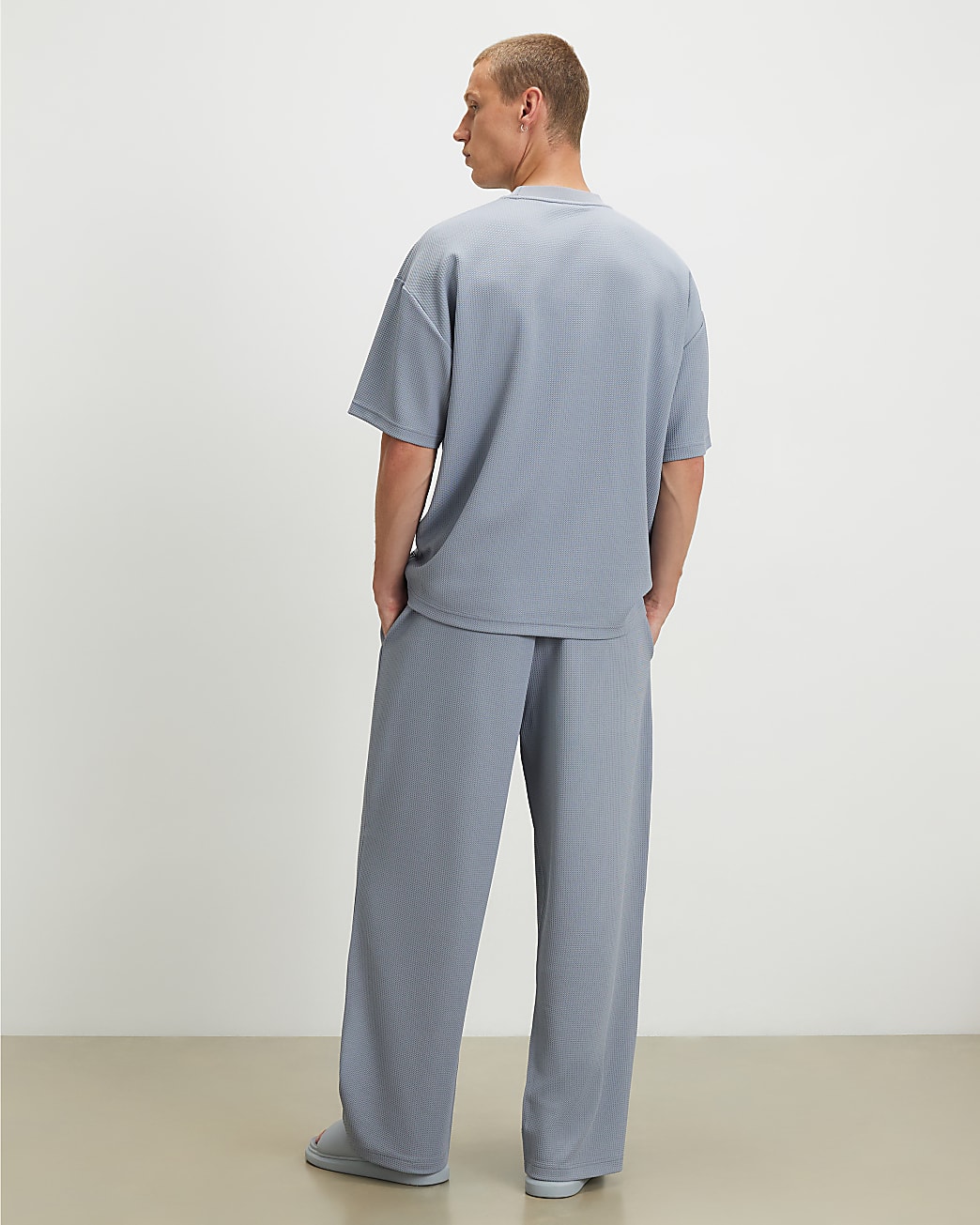 Waffle Textured Wide Leg Joggers in Blue - Image 3 Waffle Textured Wide Leg Joggers in Blue