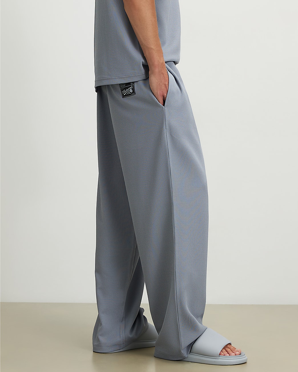 Waffle Textured Wide Leg Joggers in Blue - Image 4 Waffle Textured Wide Leg Joggers in Blue