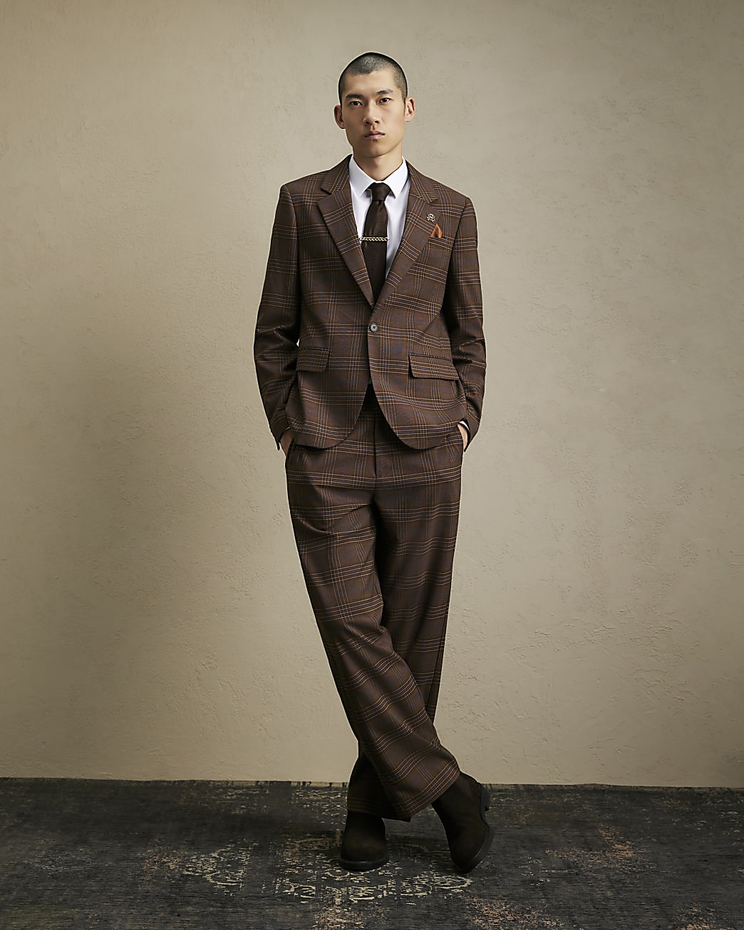 Wide Leg Check Suit Trousers in Brown - Image 2 Wide Leg Check Suit Trousers in Brown