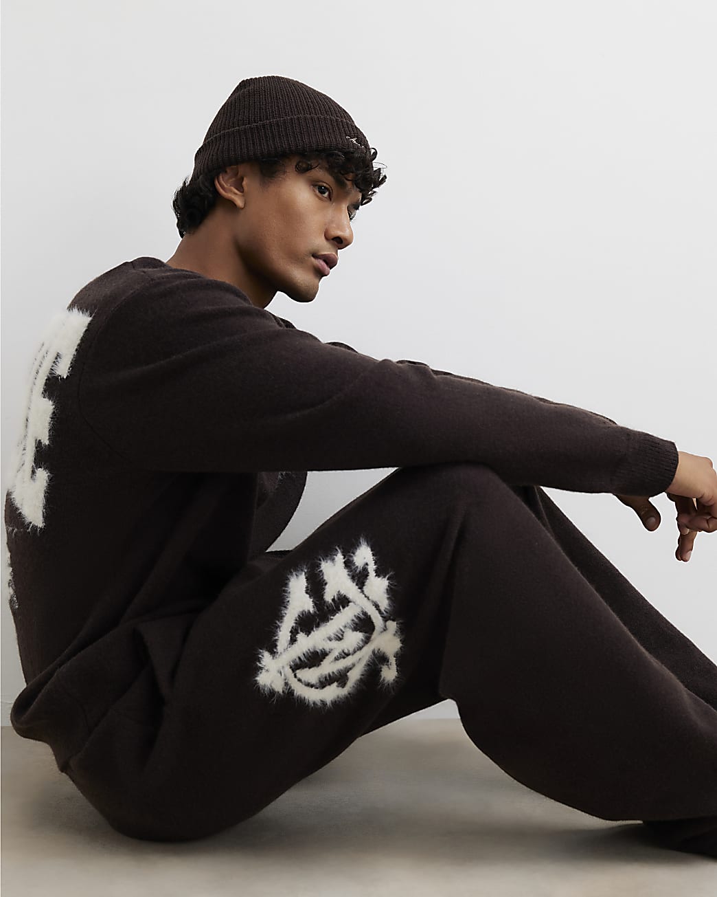 Wide Leg Cosy Monogram Joggers in Brown - Image 4 Wide Leg Cosy Monogram Joggers in Brown