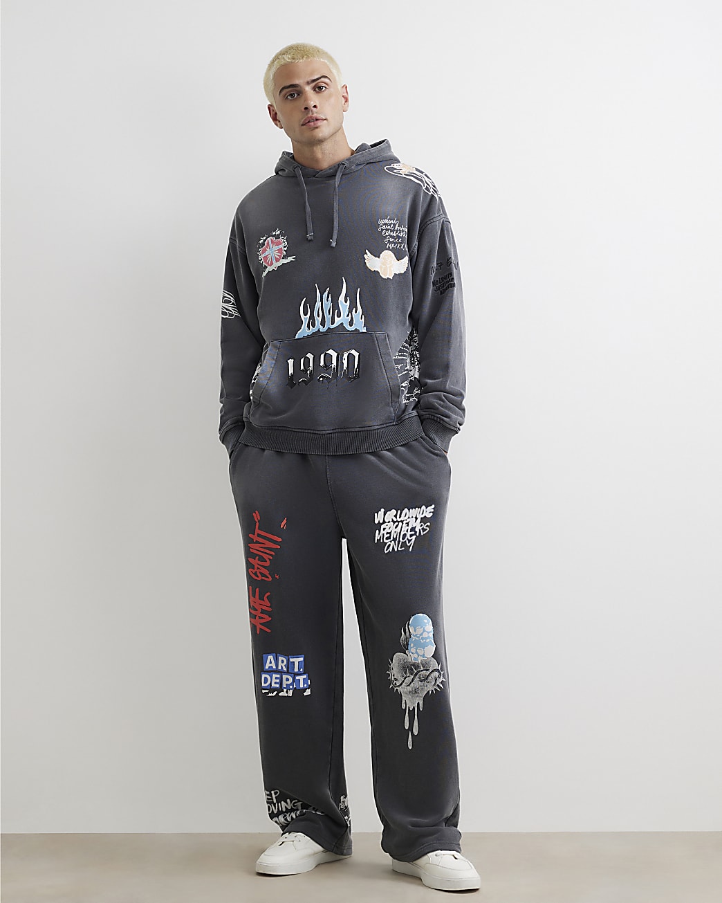 Wide Leg Scribble Joggers in Black - Image 2 Wide Leg Scribble Joggers in Black