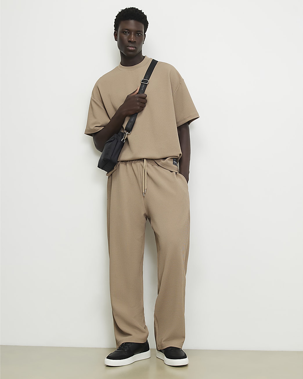 Wide Leg Waffle Textured Joggers in Beige - Image 2 Wide Leg Waffle Textured Joggers in Beige