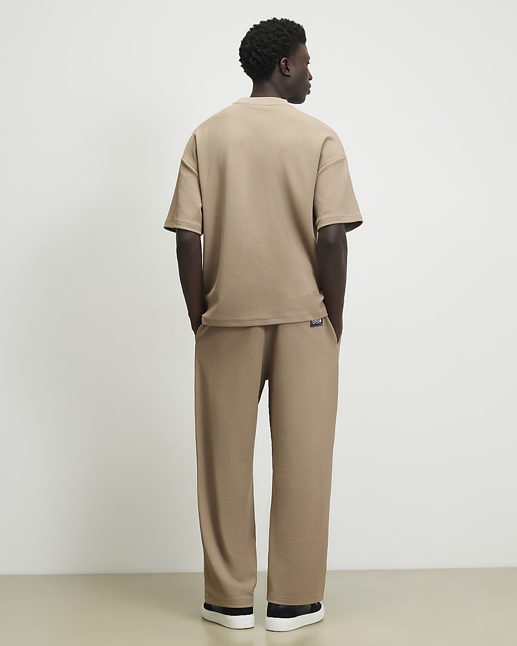 Wide Leg Waffle Textured Joggers in Beige - Image 3 Wide Leg Waffle Textured Joggers in Beige